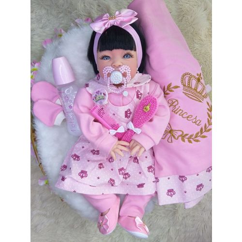 Boneca Bebe Morena Reborn Clarinha 53 Cm com Canguru Sapatinhos Total 15 Itens