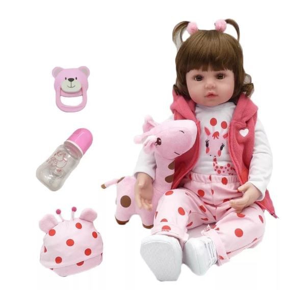 Boneca Bebê Reborn Realista de Silicone NPK 48 Cm e Girafinha - Kaydora Brinquedos