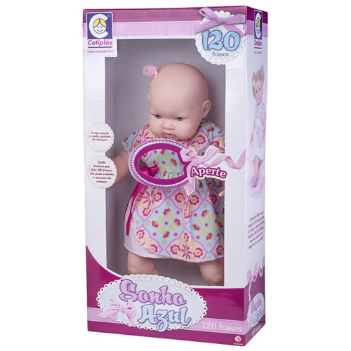 Boneca Bebê - Sonho Azul - 120 Frases - Vestido de Azul com Rosa - Cotiplás