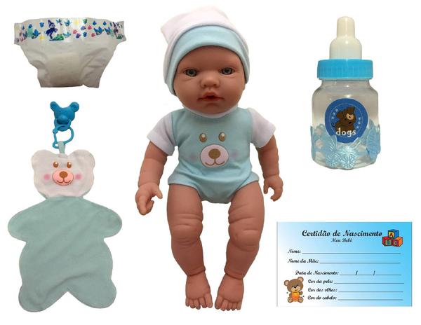 Boneco Bebê Bebezinho Real Menino Recém Nascido com Acessórios Azul Estilo Reborn - Roma