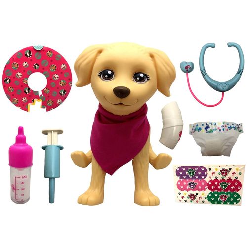 Boneco Grande Pet Cachorro Labrador da Barbie - Conjunto Quero Ser Médica Veterinária de Cachorrinhos - com Acessórios da Profissão e de Cuidados Mamadeira Mágica e Fraldinha - Pupee