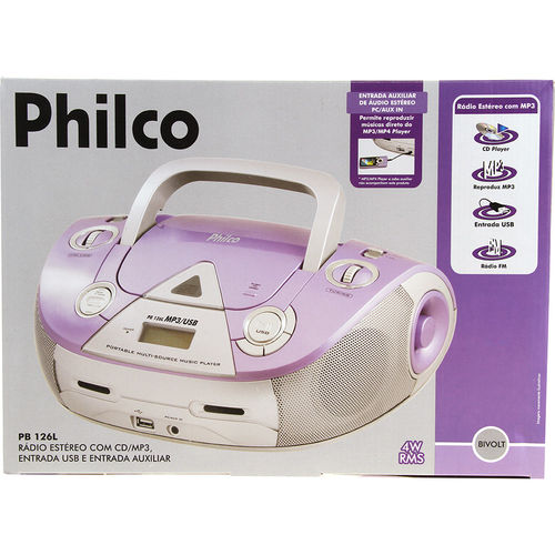 Boombox Som Portátil PB126L com CD Player USB Entrada Auxiliar MP3 Prata/Roxo - Philco