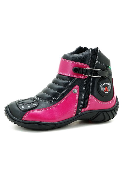 Tudo sobre 'Bota Motociclista Atron Shoes Cano Curto Preta e Pink em Couro 271'