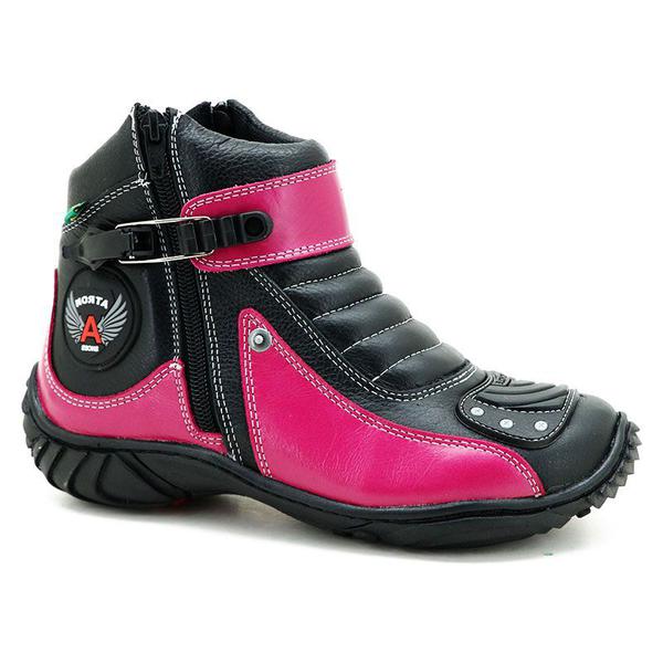 Bota Motociclista Cano Curto Preta e Pink em Couro 271 - Atron Shoes