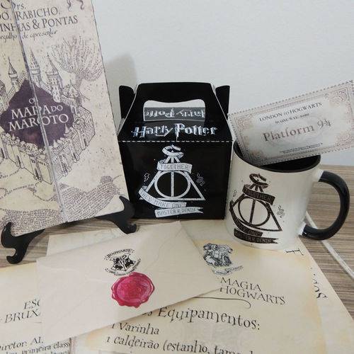 Box Harry Potter com 6 Itens - Carta + Caneca + Caixinha + Mapa + Bilhete + Feitiços