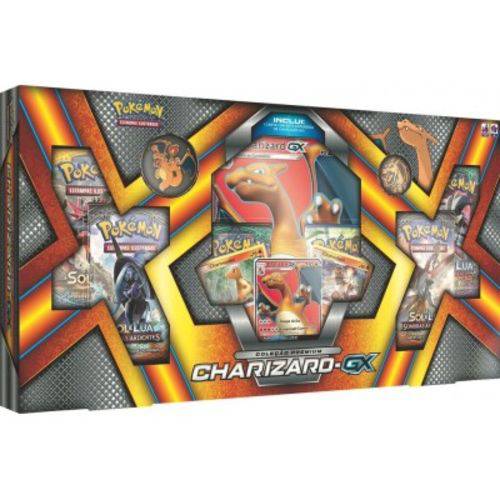 Box Pokémon Charizard-GX Carta Gigante com Moeda e Broche
