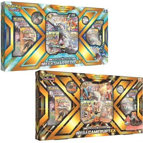 2 Box Pokémon Mega Camerupt-EX e Mega SharpedoEX com Carta Gigante Broche e Moeda Cards Copag - Suika