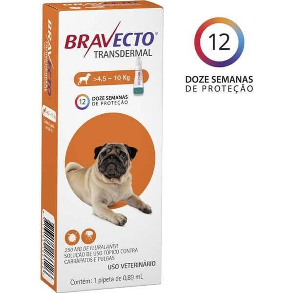 Bravecto Antipulgas e Carrapatos Transdermal para Cães de 4,5 a 10 Kg - 250 Mg