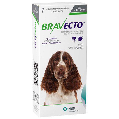 Bravecto Msd 500 Mg - Antipulgas e Carrapatos para Cães de 10 a 20 Kg