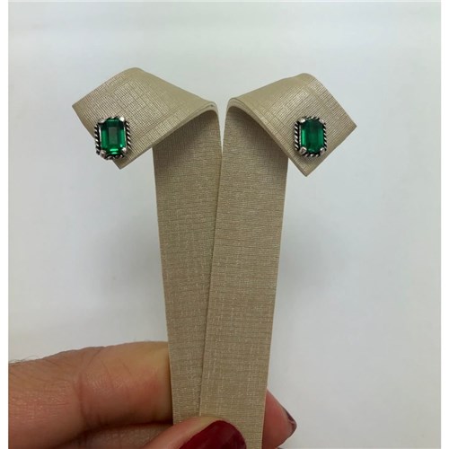 Brinco Pequeno Prata 925 Retângulo de Cristal Verde (Prata 925, Cristal Verde)