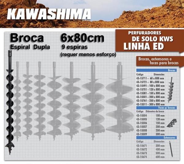 Broca Kawashima 6x80cm Espiral Duplo P/ Perfurador Solo / Trado / Perfuratriz