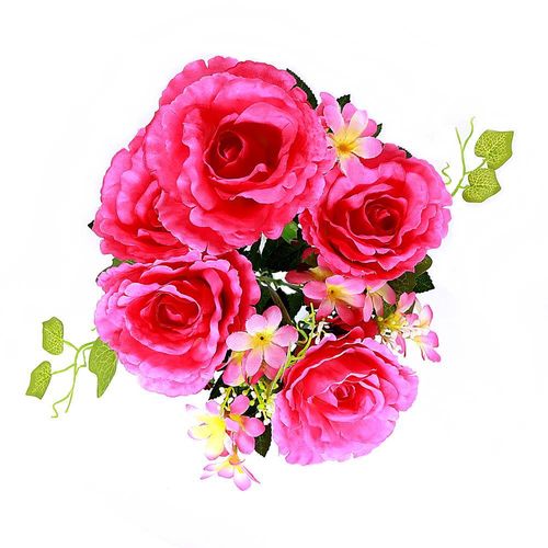 Buquê de Rosa Grande Pink 5 Botões + Folhagem Noiva Decor