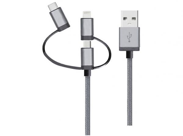 Cabo 3 em 1 Lightning Micro USB e USB-C - Geonav LMC31GR