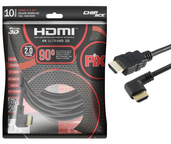 Cabo HDMI 2.0 - Plug 90 Graus - 10 Metros - 4K Ultra HD - 19 Pinos - Pix