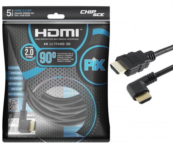 Cabo HDMI 2.0 - Plug 90 Graus - 5 Metros - 4K Ultra HD - 19 Pinos - PIX
