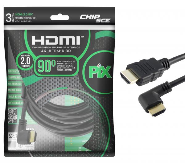 Cabo HDMI 2.0 - Plug 90 Graus - 3 Metros - 4K Ultra HD - 19 Pinos - PIX