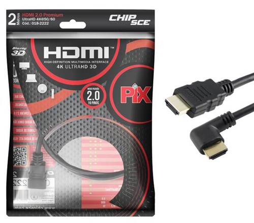 Cabo HDMI 2.0 - Plug 90 Graus - 2 Metros - 4K Ultra HD - 19 Pinos - Pix