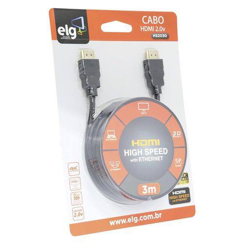 Cabo Hdmi 3m Versão 2.0 High Speed C/ Ethernet 3d 4k Hs2030 Elg