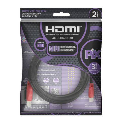 Cabo Mini HDMI X HDMI 2.0 2 Metros 4K UltraHD 19 Pinos - ChipSCE - 018-9400