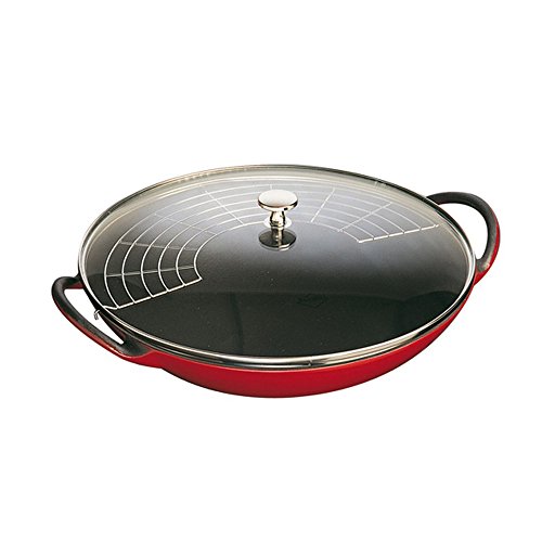 Caçarola Wok, Ferro Fundido, Tampa de Vidro, Cereja, 37 Cm, STAUB