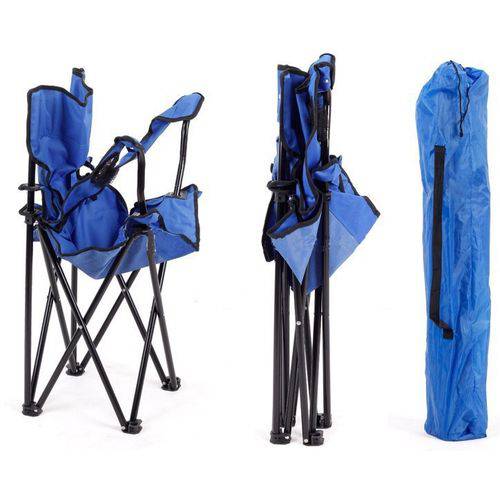 Cadeira Camping Dobravel com Braço Porta Copo com Bolsa para Transportar Camping Azul
