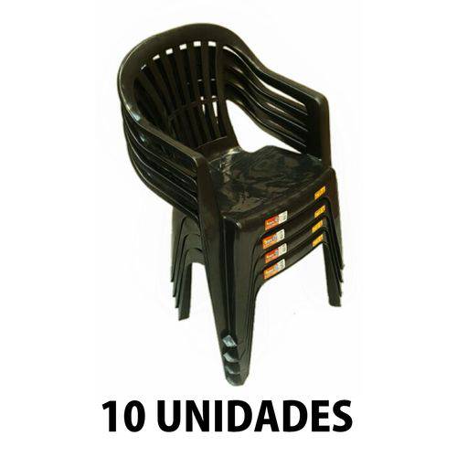 Cadeira de Plastico Poltrona Preta Empilhável 10 Unidades