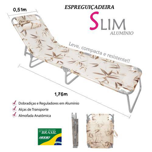 Cadeira Espreguiçadeira Reclinável Slim P/ Praia Alumínio Estampada com Almofada Zaka