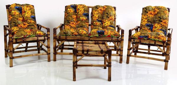 Cadeiras de Área + Mesa de Centro Bambú 4 Lugares + Almofadas - V&L Decor