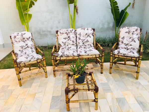 Cadeiras de Área + Mesa de Centro Bambú 4 Lugares + Almofadas - V&L Decor