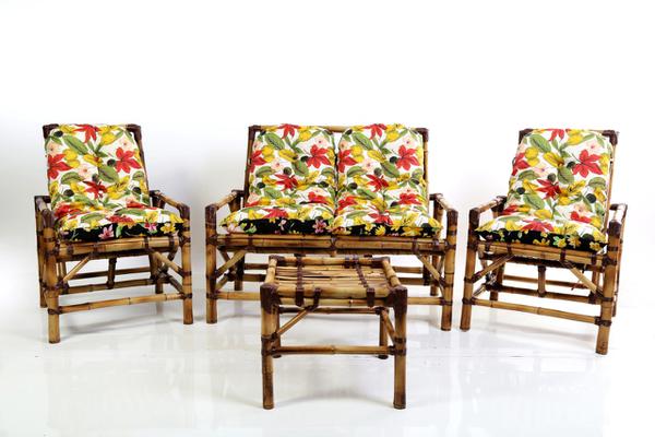 Cadeiras de Área + Mesa de Centro Bambú 4 Lugares + Almofadas - Vl Decor