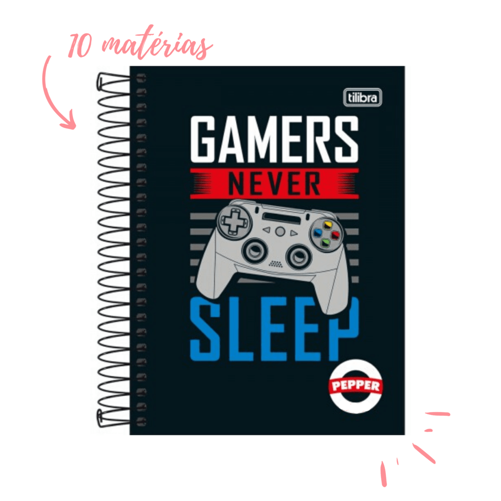 Caderno Capa Dura Universitário 10 Matérias Gamers Never Sleep Pepper...