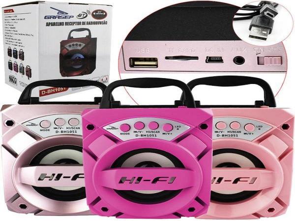 Caixa de Som Bluetooth 6 Watts com Entrada Sd Card Usb P2 Fm Bivolt Rosa D-Bh1051 D-BH1051 GRASEP