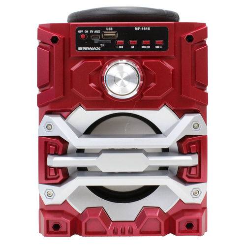 Caixa de Som Portátil Briwax 20cm MF-1615 Vermelha Amplificada Bluetooth USB MP3 Rádio FM SD