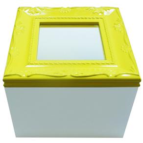 Caixa Quadrada Decorativa Kapos com Tampa em MDF e Madeira 12 X 15 X 15 Cm - Branca/Amarela