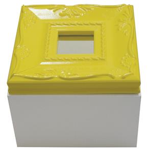 Caixa Quadrada Decorativa Kapos com Tampa em MDF e Madeira 8 X 11 X 11 Cm - Branca/Amarela