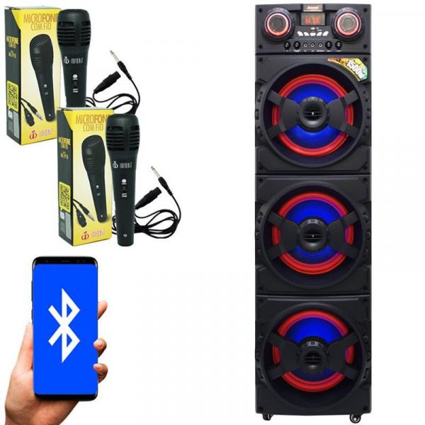 Caixa Som Amplificada Bluetooth 1500W Rms Mp3 Fm Usb Sd Aux Led Bivolt ACA 1515 Preta + 2 Microfones - Amvox/infokit