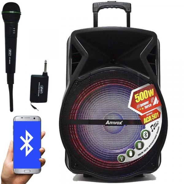Caixa Som Amplificada Portátil Bluetooth 500W Rms Mp3 Usb Led Bateria ACA 501 + 1 Microfone Sem Fio - Amvox/knup