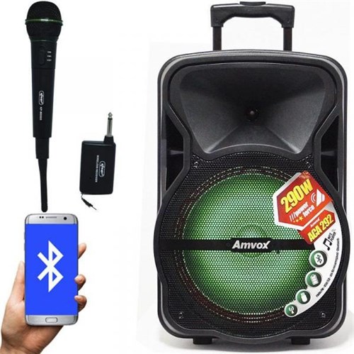 Caixa Som Amplificada Portátil Bluetooth 290W Rms Mp3 Usb Led Bateria ACA 292 + 1 Microfone Sem Fio - Amvox/knup