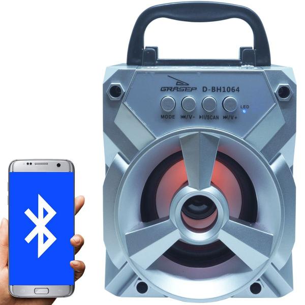 Caixa Som Amplificada Portátil Bluetooth Tws Mp3 Fm Usb Aux Sd Bateria 8W Rms Grasep D-BH1064 Prata