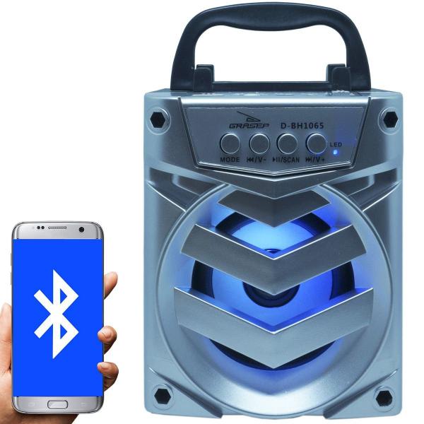 Caixa Som Amplificada Portátil Bluetooth Tws Mp3 Fm Usb Aux Sd Bateria 8W Rms Grasep D-BH1065 Prata