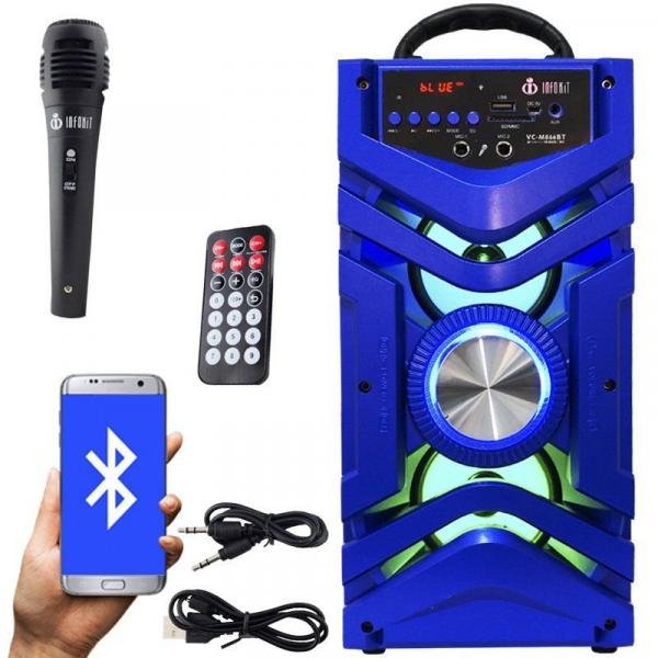Caixa Som Portátil Bluetooth Mp3 Fm Usb Sd Aux Microfone Bateria 12W Rms Azul Infokit