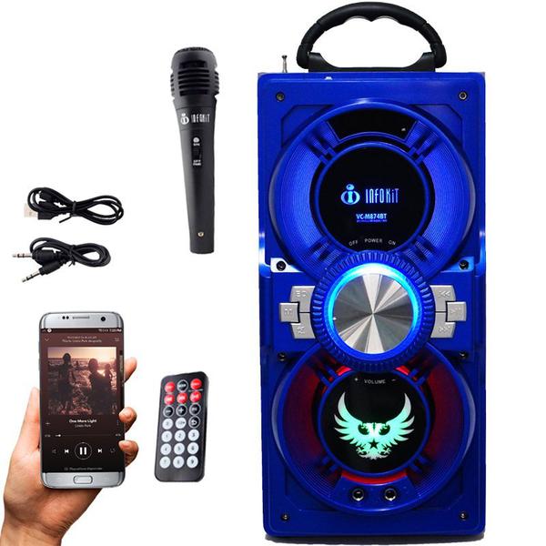 Caixa Som Portátil Bluetooth Mp3 Fm Usb Sd Aux Microfone Bateria 12W Rms Azul Infokit