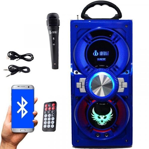 Caixa Som Portátil Bluetooth Mp3 Fm Usb Sd Aux Microfone Bateria 12W Rms Infokit Azul VC-M874BT