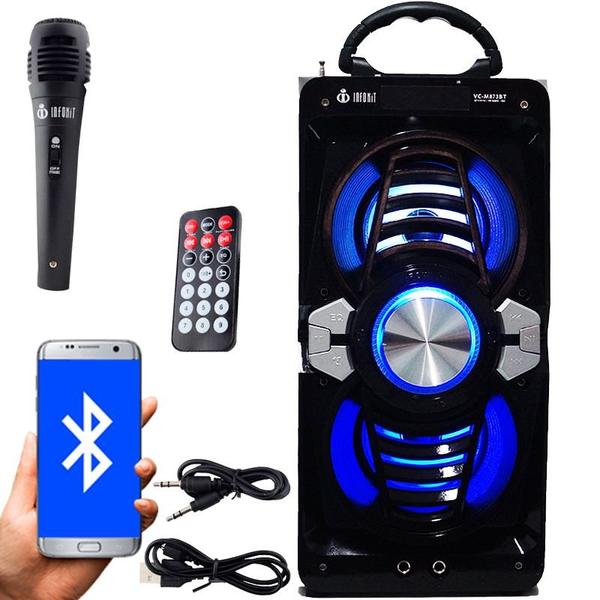 Caixa Som Portátil Bluetooth Mp3 Fm Usb Sd Aux Microfone Bateria 12W Rms Preta Infokit