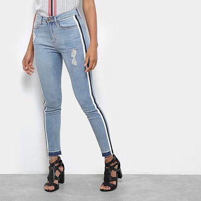 Calça Jeans Skinny Acostamento Listras Laterais Cintura Média Feminina