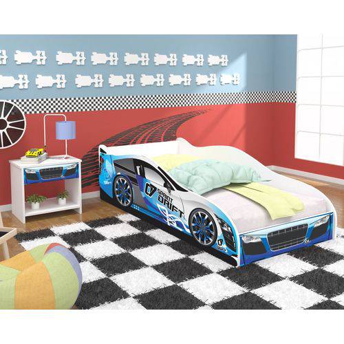 Tudo sobre 'Cama Infantil Carro Drift Solteiro com Criado Mudo - Azul / Branco - Rpm Móveis'