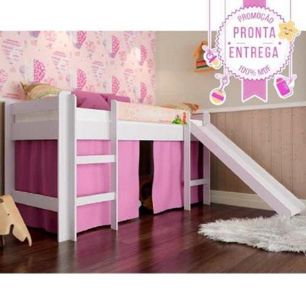 Cama Infantil Elevada C/ Escorregador Cortina Rosa - Branco - Completa Móveis