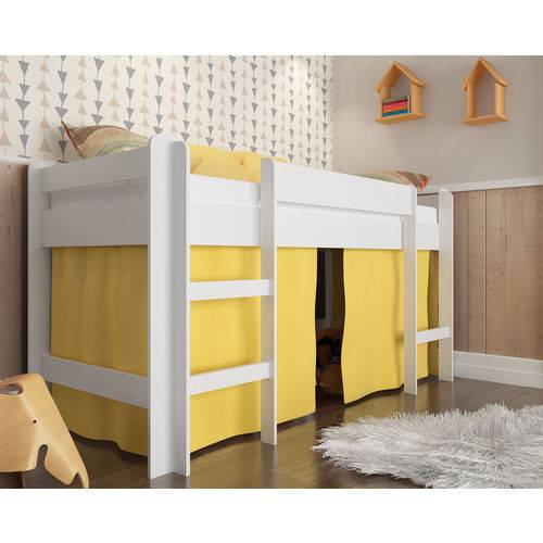 Cama Infantil Elevada com Cortina e Escada Branco/Amarelo - Completa Móveis