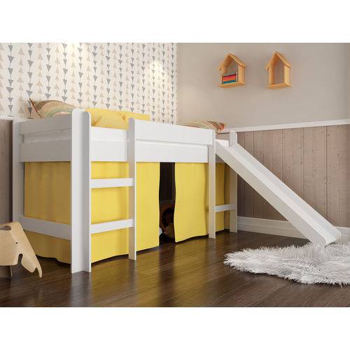 Tudo sobre 'Cama Infantil Elevada com Cortina, Escada e Escorregador Branco/Amarelo - Completa Móveis'