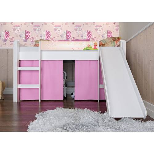 Cama Infantil Elevada Pequena Princesa Cortina, Escada, Escorregador Branco/Rosa - Completa Móveis